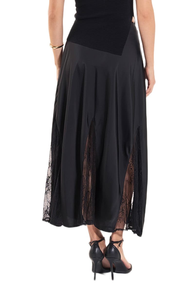 Lace Trim Satin Midi Skirt, Alternate, color, BLACK