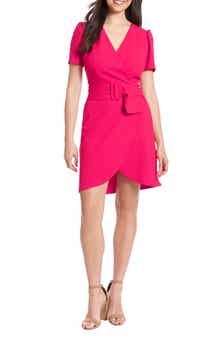 London Times Puff Sleeve Belted Wrap Dress