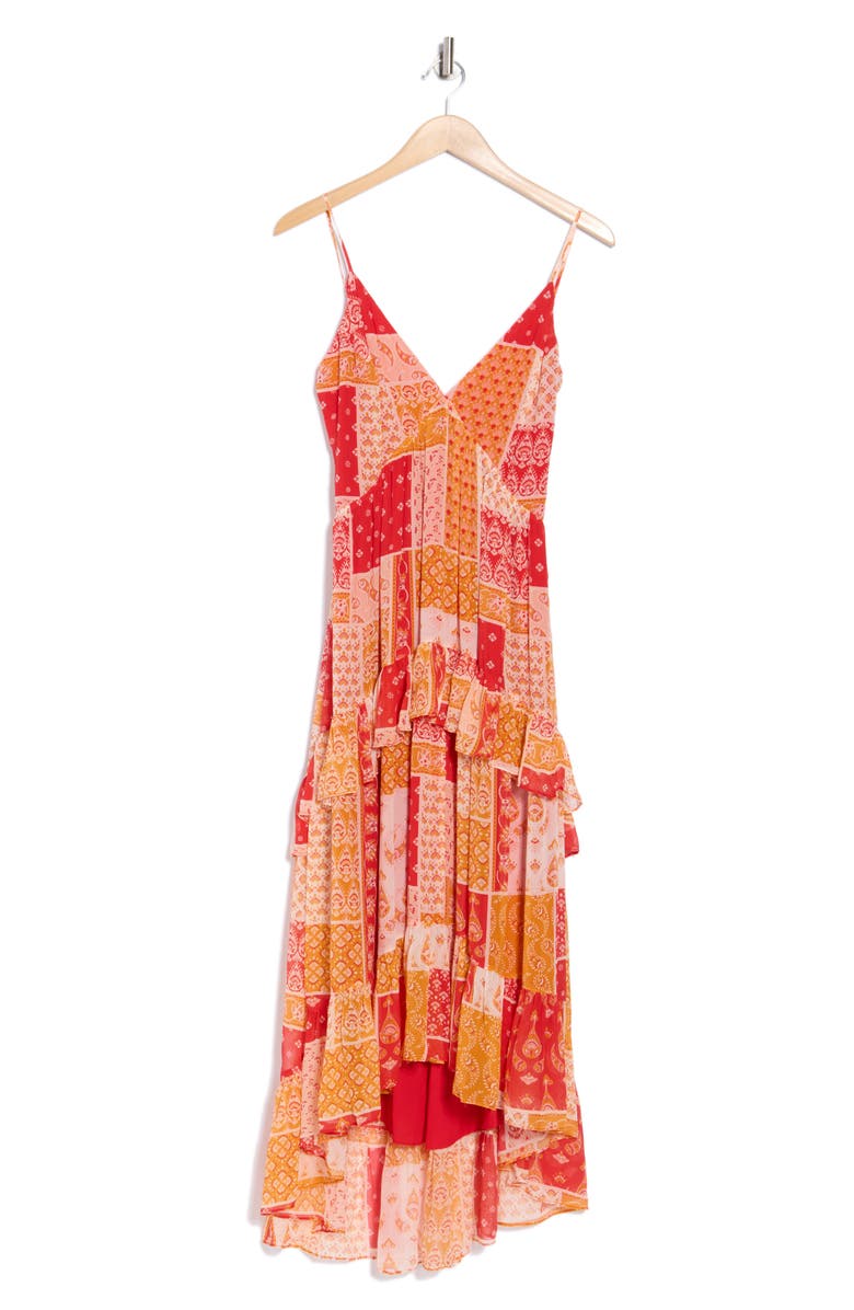 Ramy Brook Lura Patchwork Tiered High-Low Sundress, Alternate, color, Flame Capri Patchwork Print