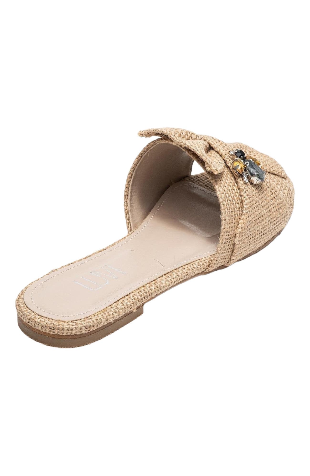 Prologue Shoes Daphne Raffia Bow Slide Sandal, Alternate, color, Beige Faux Leather