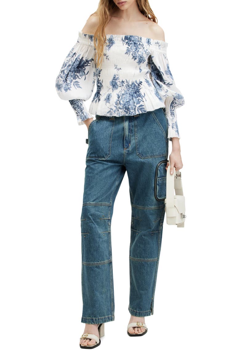 Lara Dekorah Off the Shoulder Smocked Linen & Silk Top, Alternate, color, DENIM BLUE