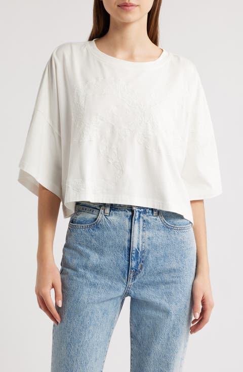 Angelle Lace EmbellishedCrop Cotton T-Shirt