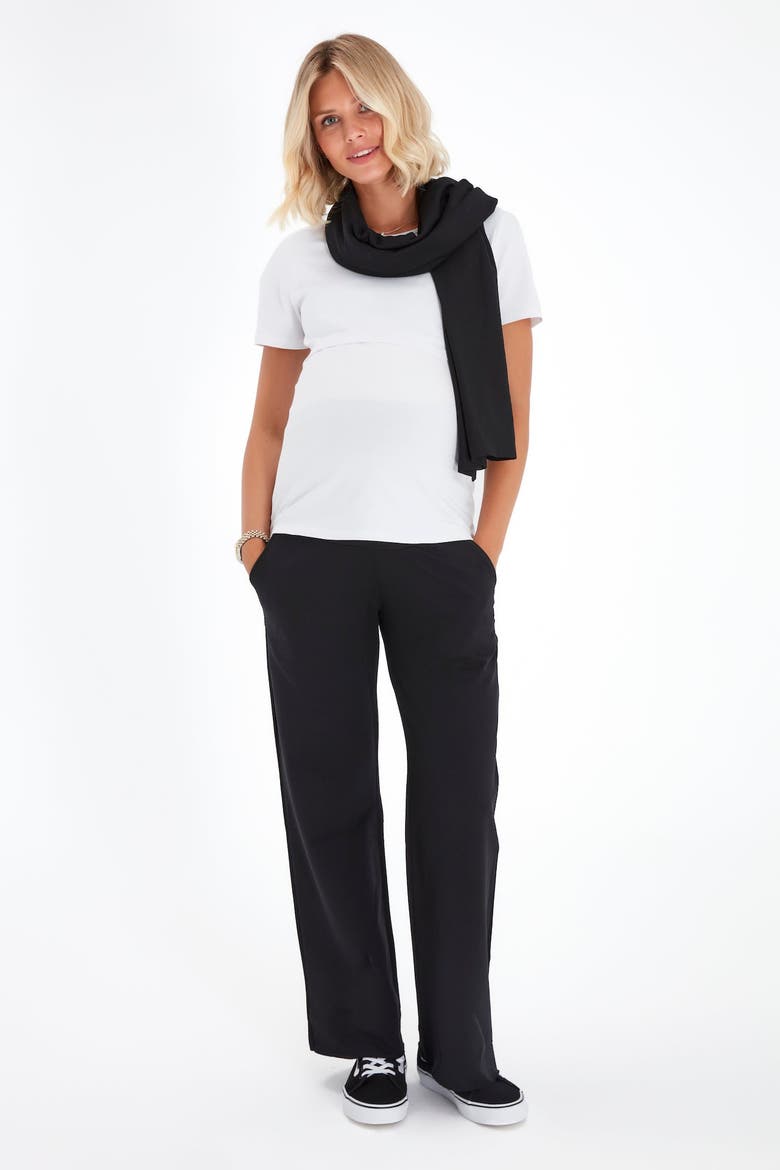 Foldover Waistband Stretch Cotton Maternity Pants, Alternate, color, BLACK