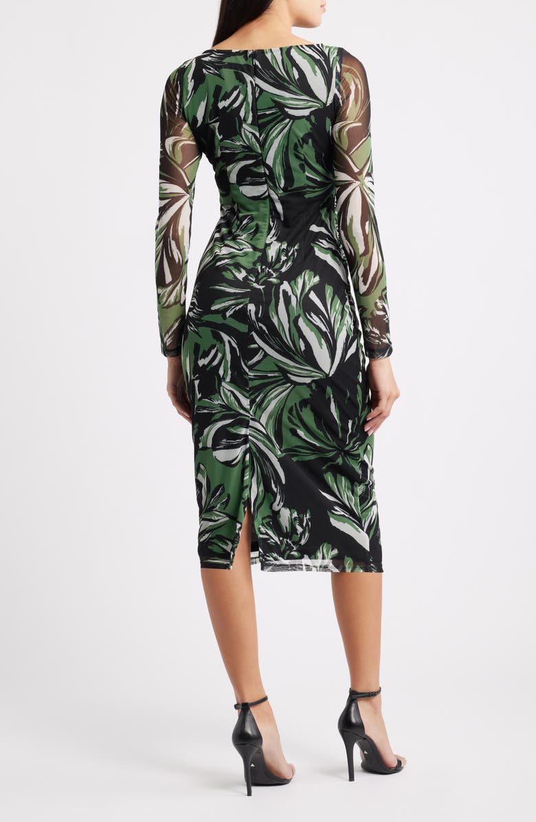Vince Camuto Print Long Sleeve Mesh Body-Con Dress, Alternate, color, Green Black