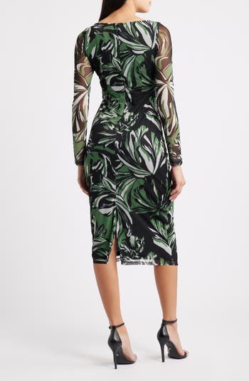 Print Long Sleeve Mesh Body-Con Dress