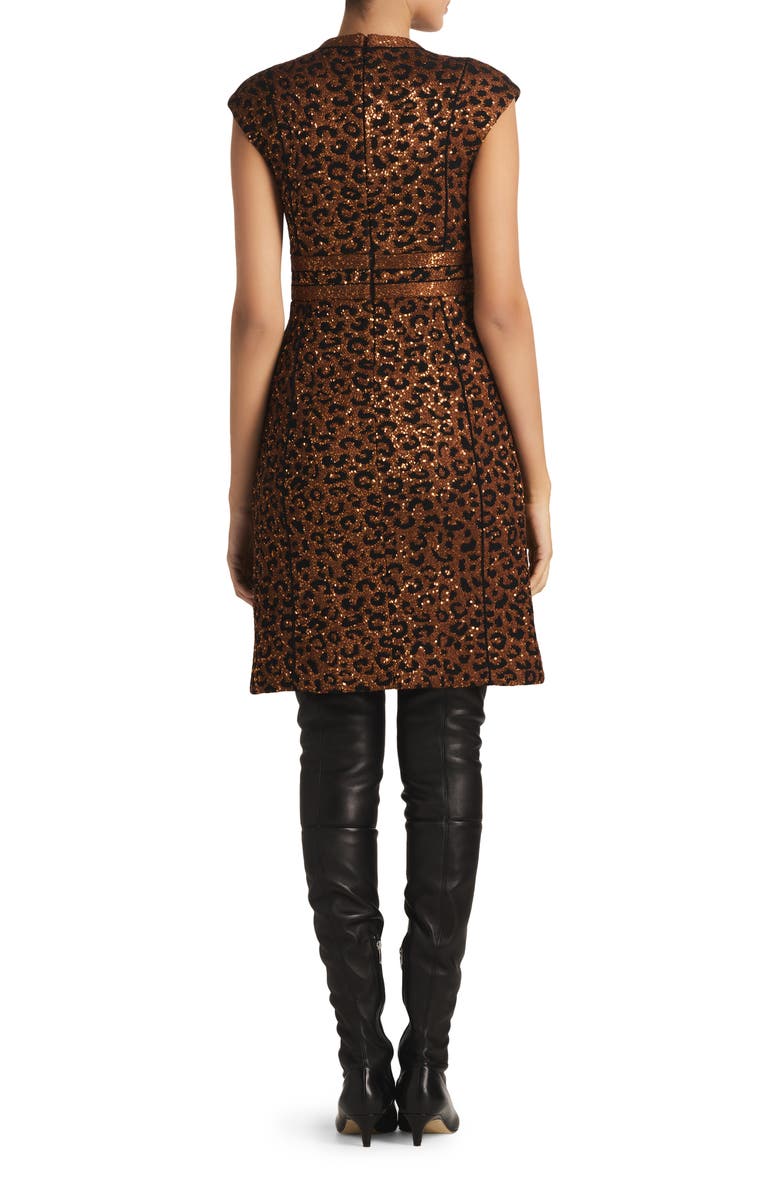 ST. JOHN Sequin Leopard Jacquard Cap Sleeve Dress, Alternate, color, Caramel/ Copper Multi