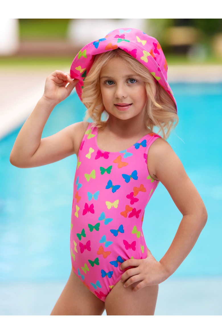 Butterfly Pink Bucket Hat & One-Piece Swimsuit, Alternate, color, Pink
