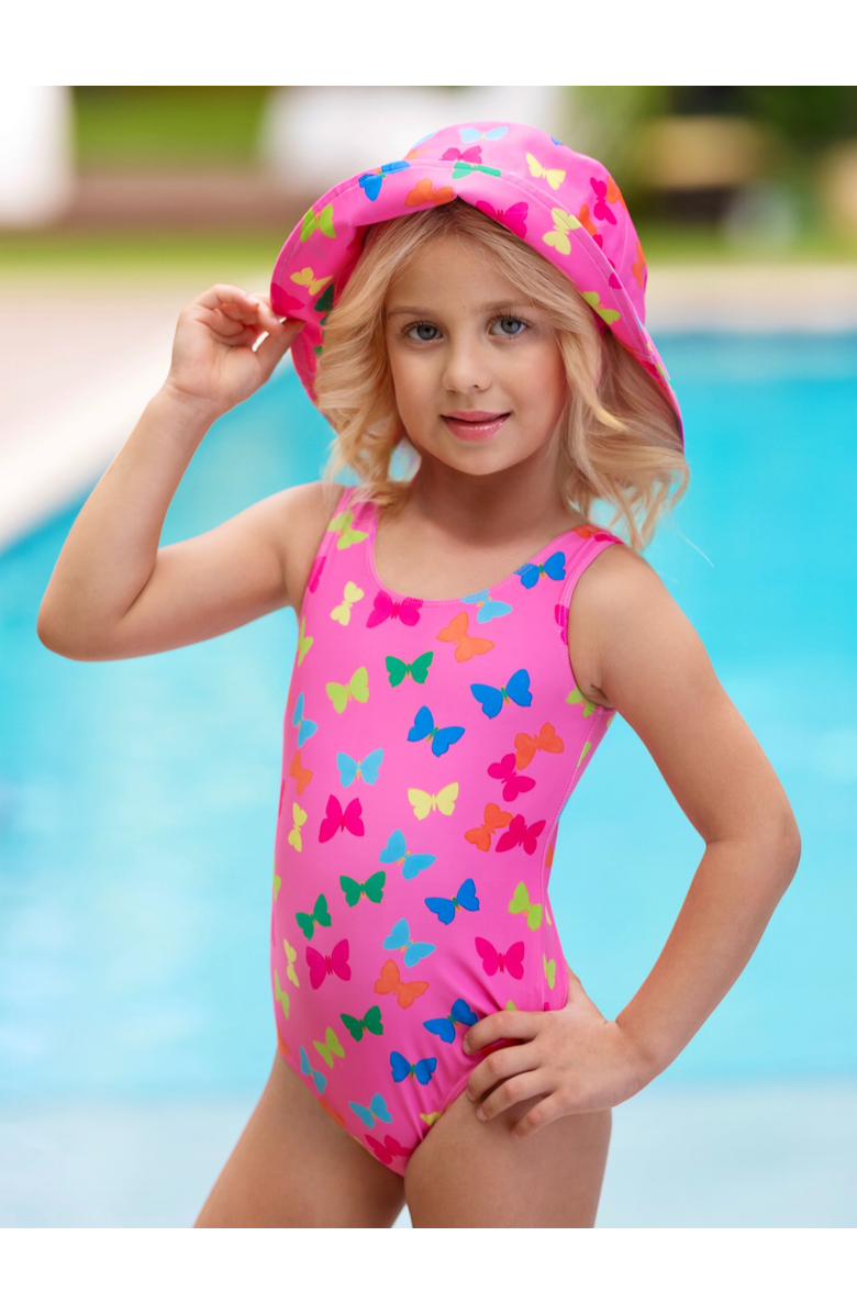 Mia Belle Girls Butterfly Pink Bucket Hat & One-Piece Swimsuit, Alternate, color, Pink