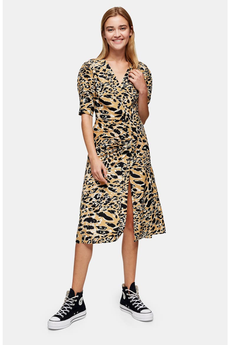 Leopard Print Mock Wrap Midi Dress, Alternate, color, BROWN MULTI