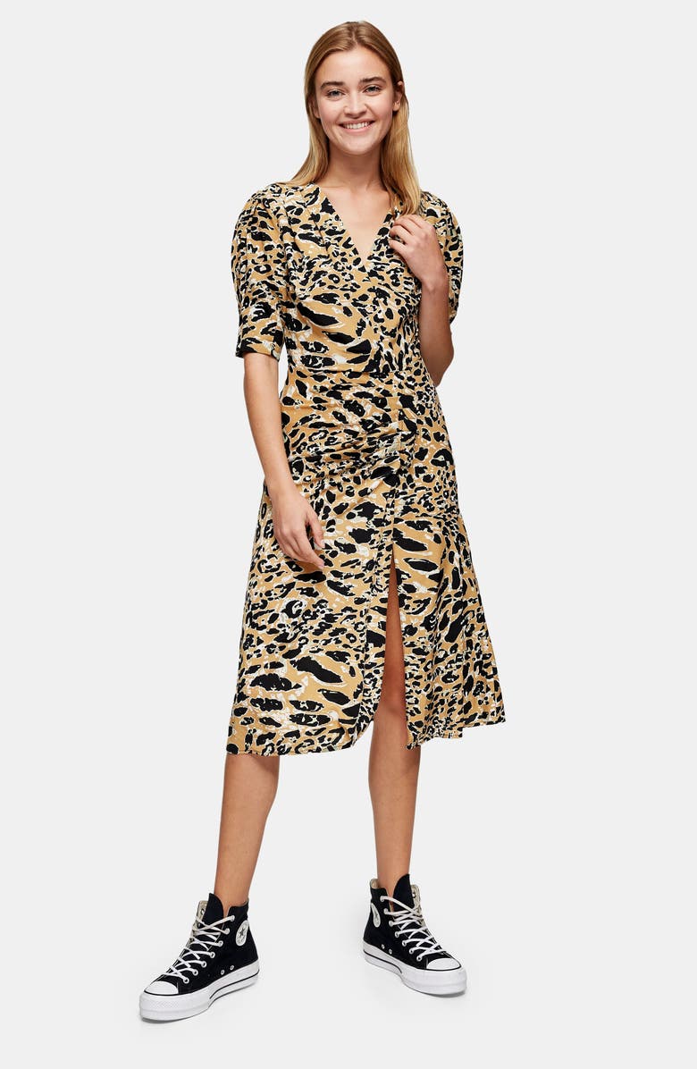 Topshop Leopard Print Mock Wrap Midi Dress, Alternate, color, 