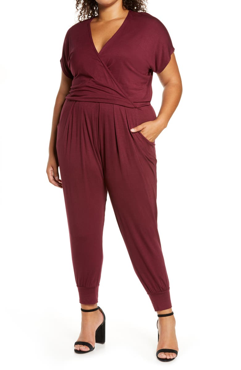 Loveappella Short Sleeve Wrap Top Jumpsuit, Main, color, Burgundy