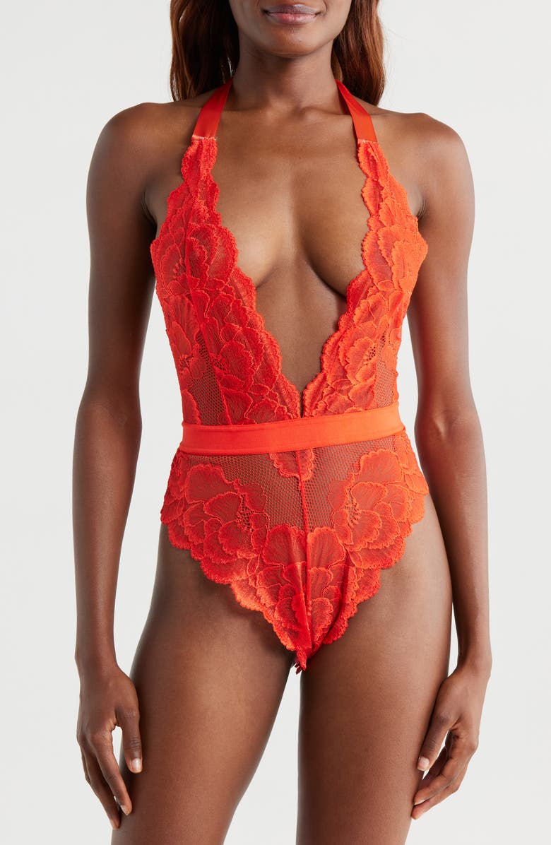 KILO BRAVA Floral Lace Halter Teddy, Main, color, Tigerlily