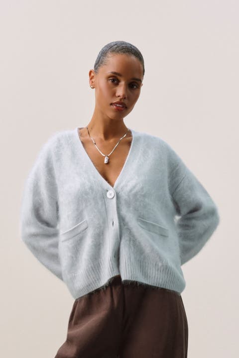 Brushed Cashmere Boxy Cardigan w/ Shell Btns