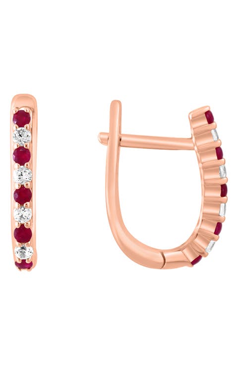 14K Rose Gold Plated Sterling Silver White Sapphire & Ruby Huggie Hoop Earrings