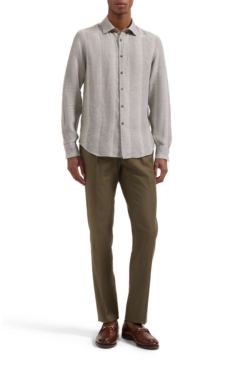 Julian Shaped Fit Shadow Stripe Linen Button-Up Shirt, Alternate, color, KHAKI