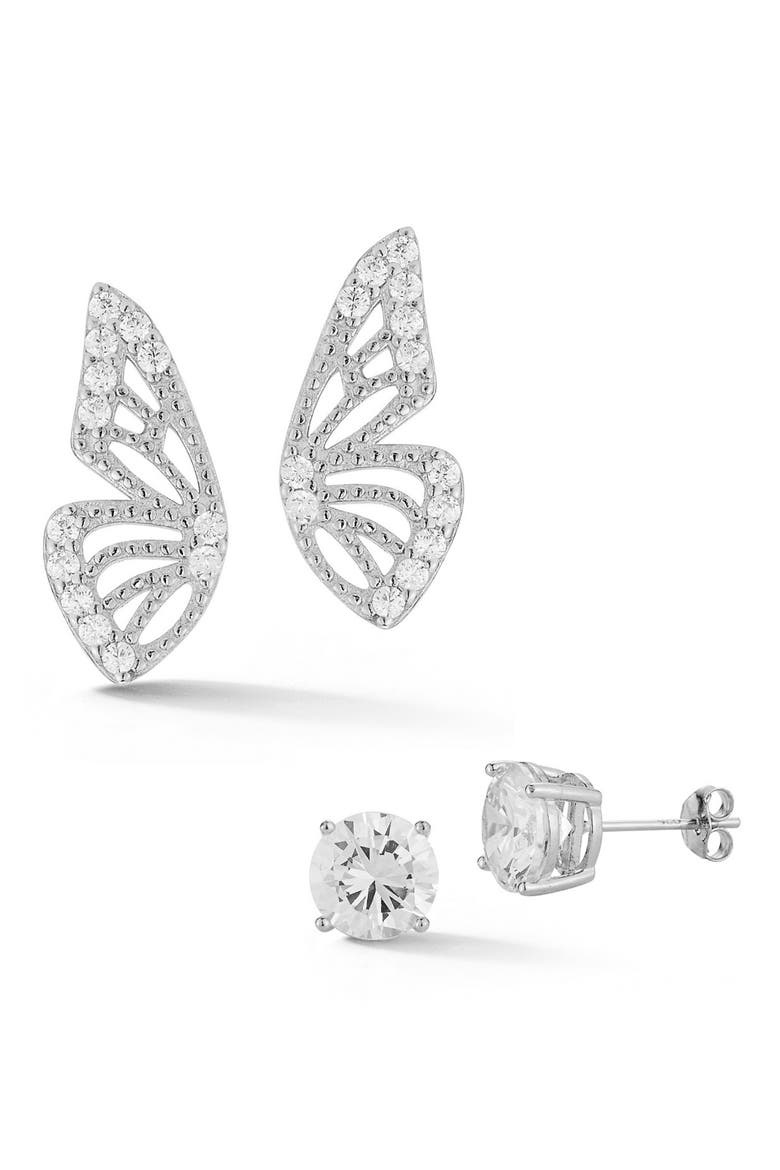 Sterling Silver & CZ Butterfly Stud Earrings Set, Main, color, SILVER