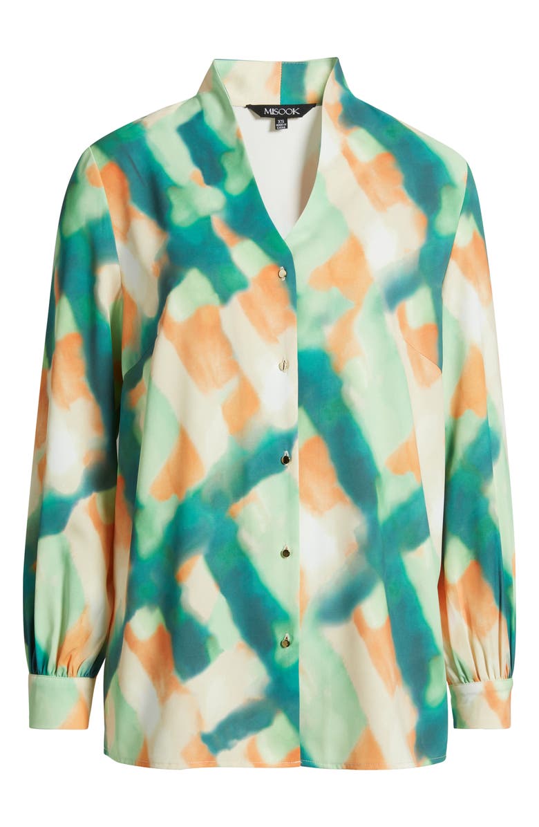 Misook Abstract Print Crêpe de Chine Stand Collar Button-Up Shirt, Alternate, color, Pale Green/Multi