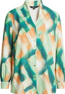 Misook Abstract Print Crêpe de Chine Stand Collar Button-Up Shirt