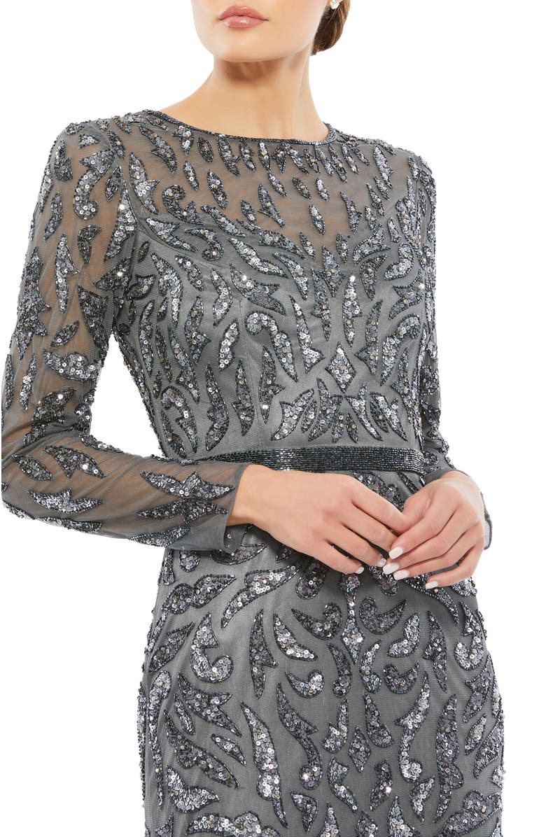 Mac Duggal Abstract Beaded Long Sleeve Evening Gown, Alternate, color, Charcoal