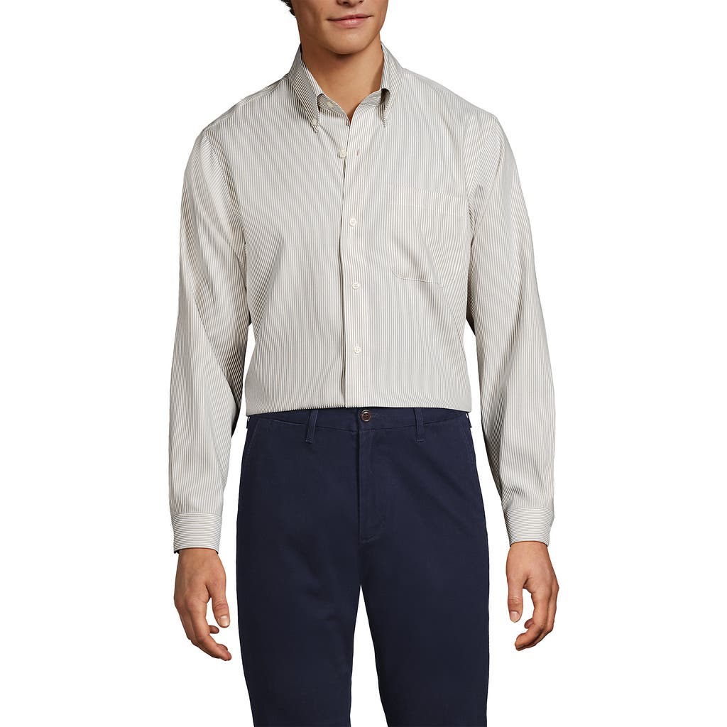 Lands' End School Uniform Tailored Fit No Iron Solid Supima Cotton Pinpoint Buttondown Collar Dress In Khaki Narrow Stripes