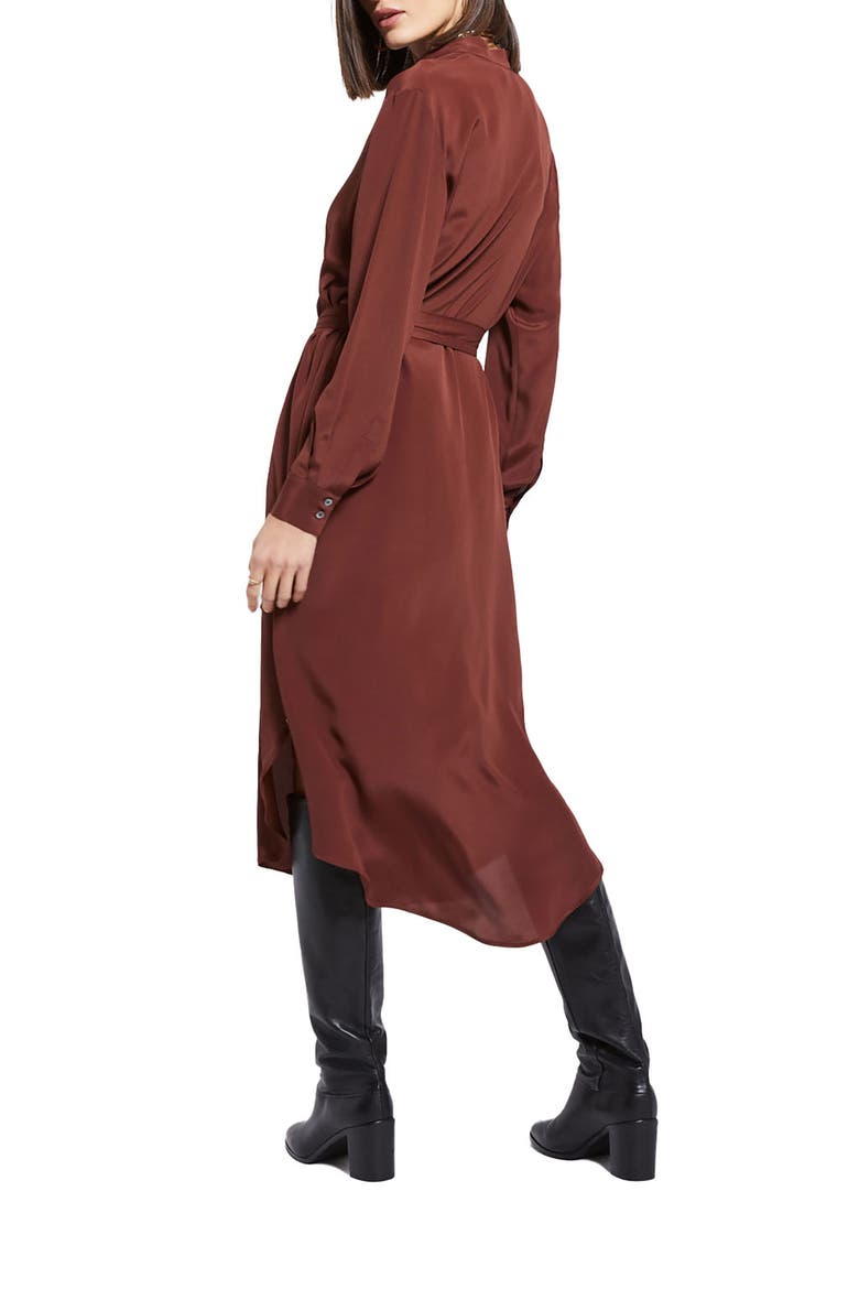 Silk-Blend Midi Dress With Sash, Alternate, color, Brown