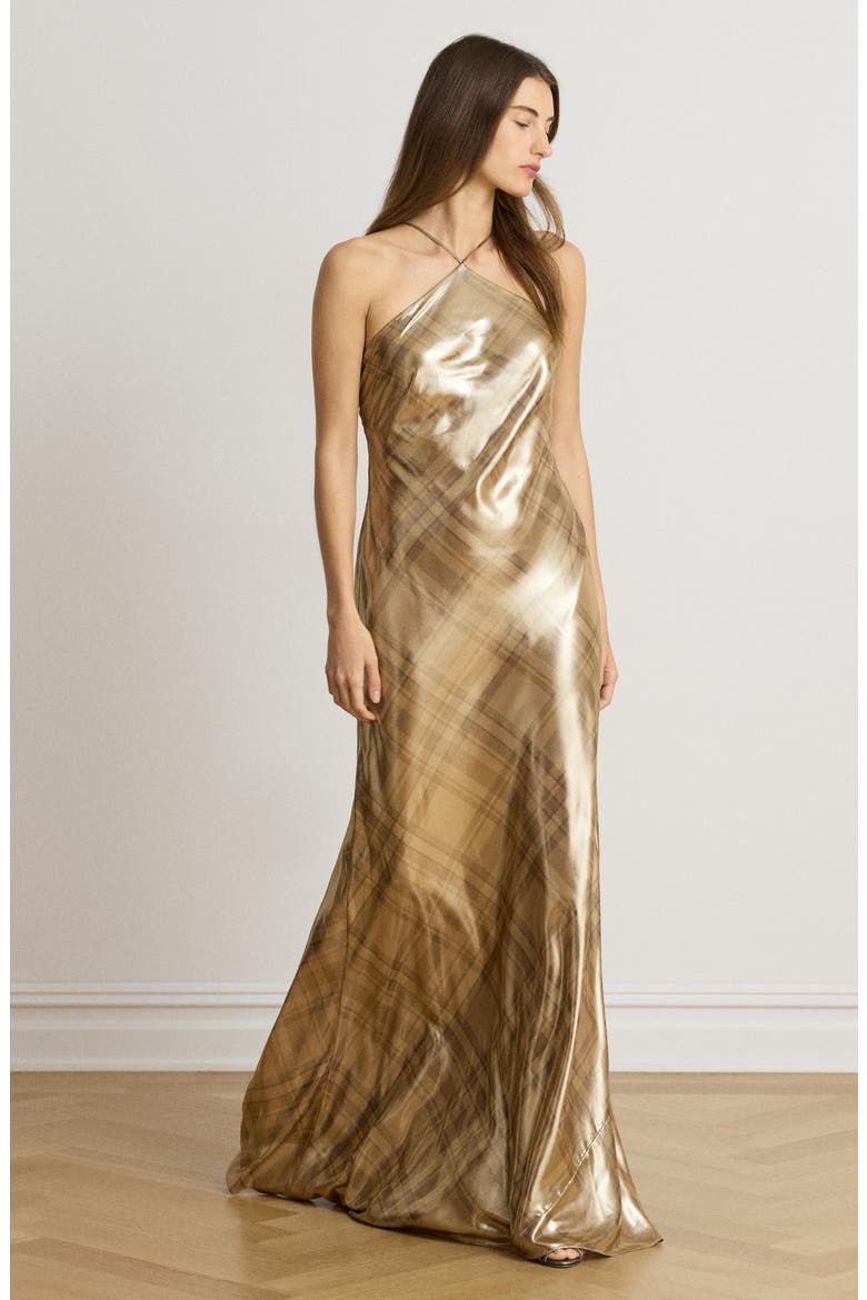 Plaid Metallic Chiffon Halter Neck Gown, Alternate, color, BROWN/ CAMEL MULTI