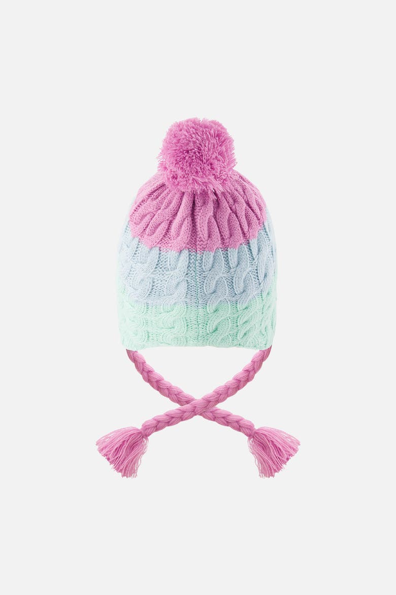 Winter Peruvian Colorblock Cable Pompom Earflap Knit Hat, Alternate, color, Mint Green, Blue & Pinkish