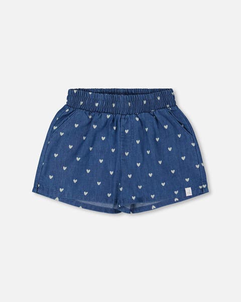 Little Girl's Printed Chambray Short Navy Blue And White Hearts