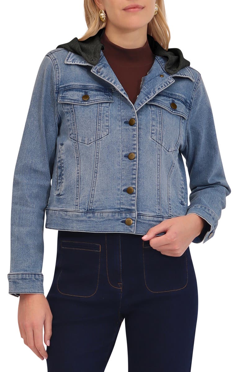 Bagatelle Denim Trucker Jacket with Removable Hood, Main, color, 