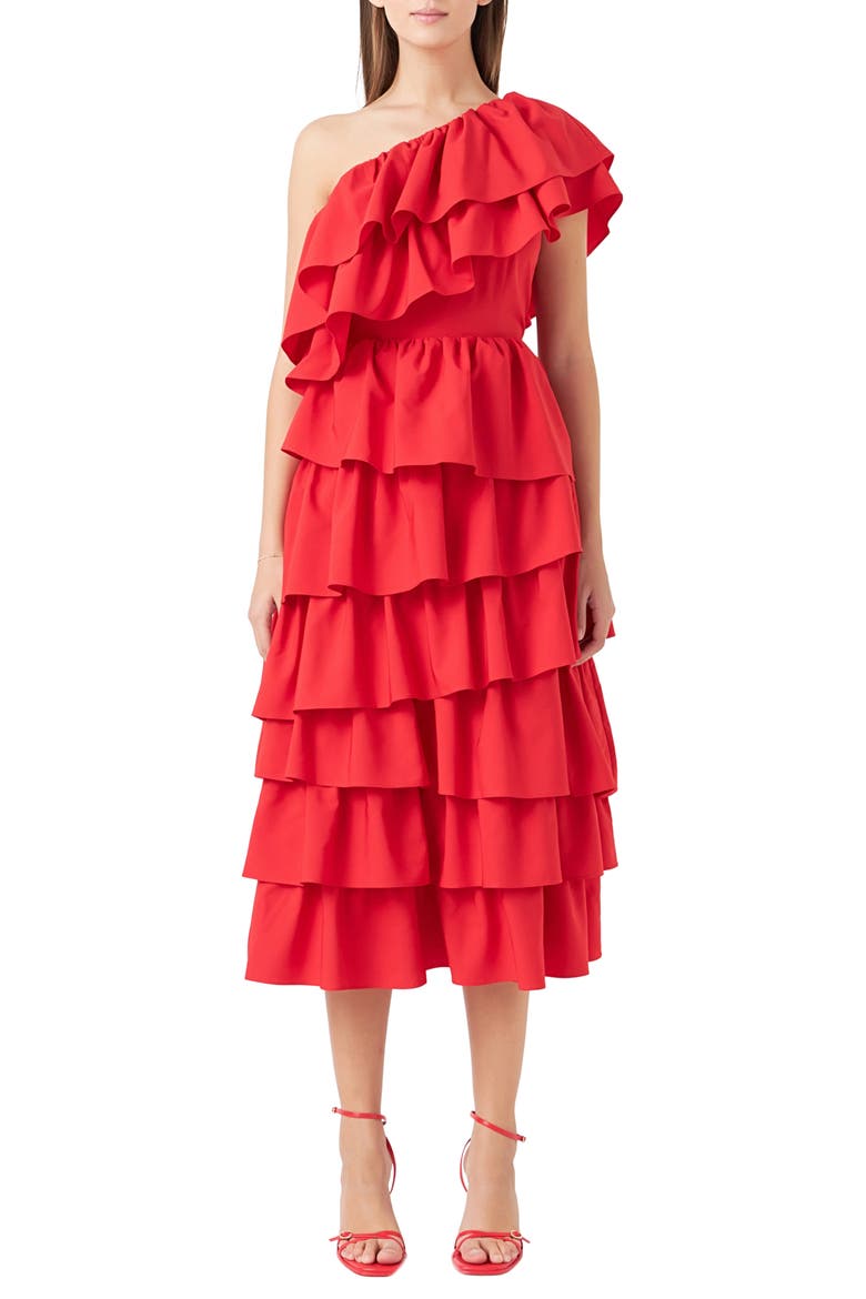 Ruffle One-Shoulder Tiered Ruffle Midi Dress, Main, color, RED