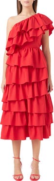 Endless Rose Ruffle One-Shoulder Tiered Ruffle Midi Dress