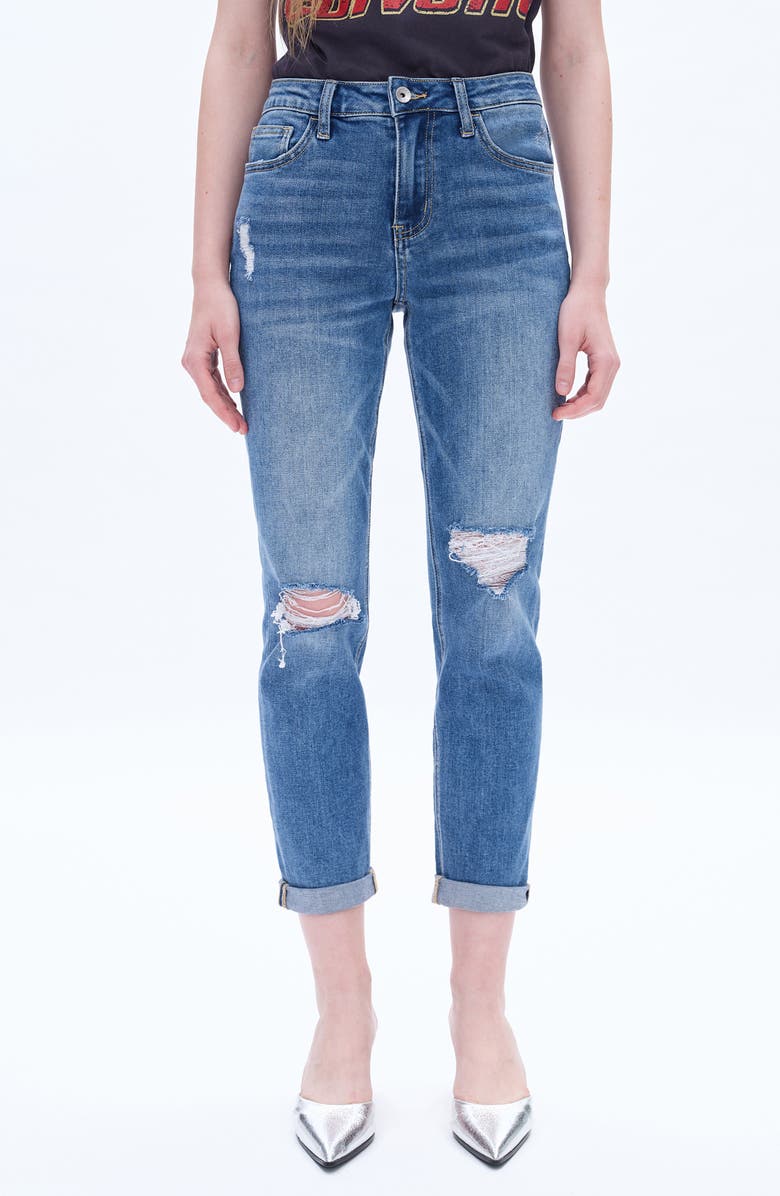 Bayeas High Rise Distressed Relaxed Boyfriend Jeans, Main, color, Midnight Thunder