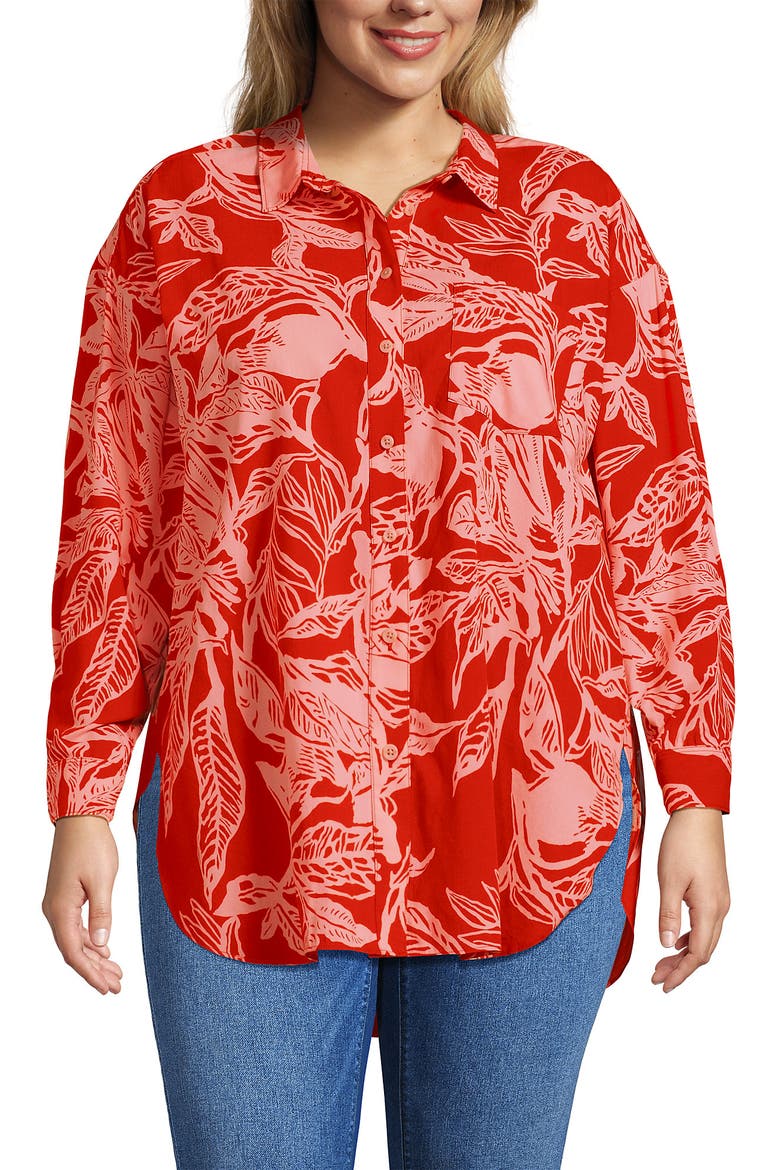 Women's Plus Size Cotton Voile Billowy Oversized Shirt, Alternate, color, Mandarin Orange Etched Leaves