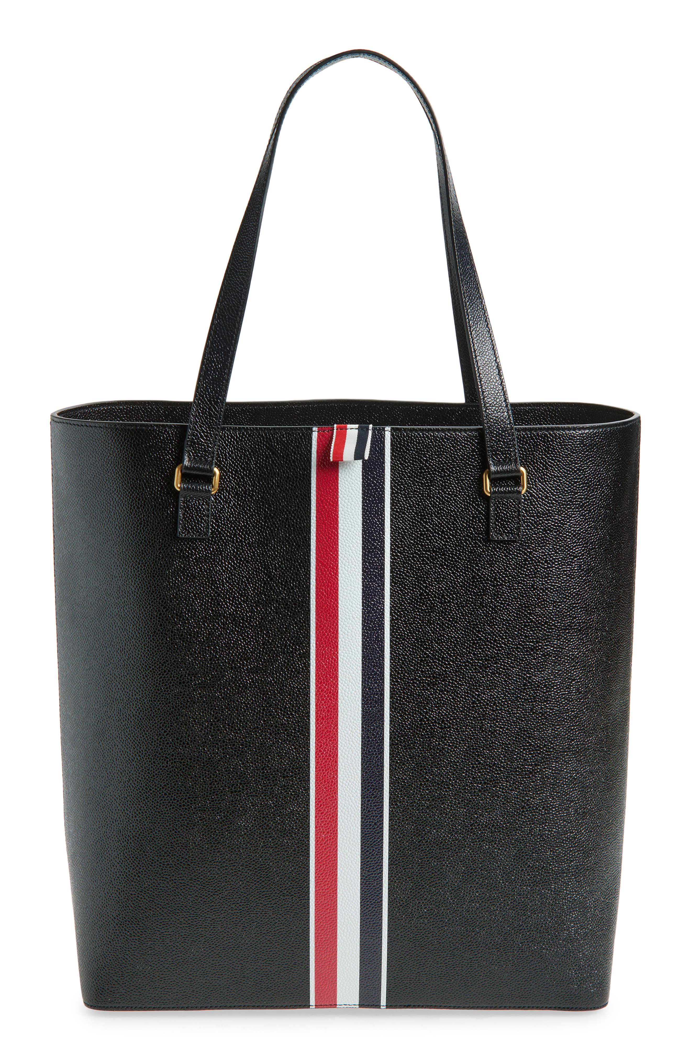 Thom Browne Vertical RWB Stripe Leather Tote, Main, color, Black