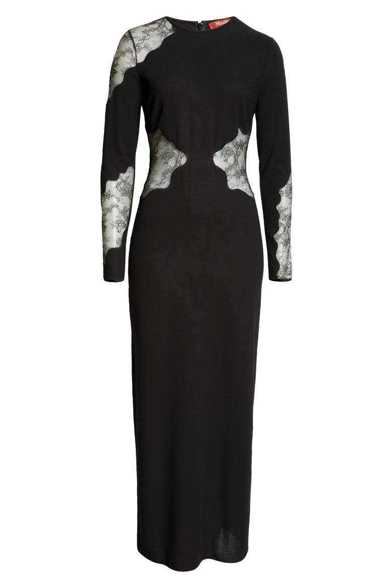 Enziana Peekaboo Lace Long Sleeve Wool Blend Crepe Dress, Alternate, color, BLACK