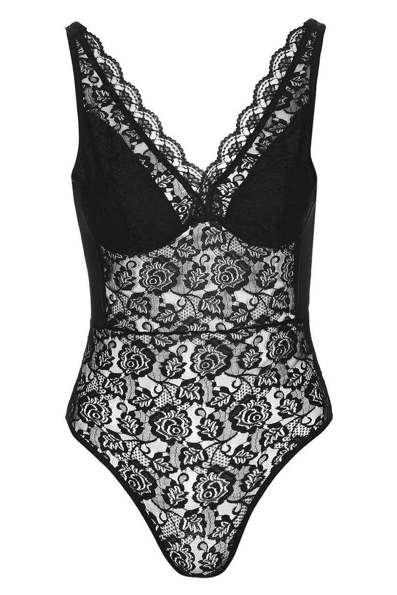 Lace & Mesh Bodysuit, Alternate, color, BLACK