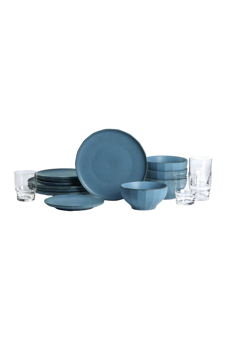 Rio Stoneware 16-Piece Dinnerware Set with Glasses, Main, color, Blue