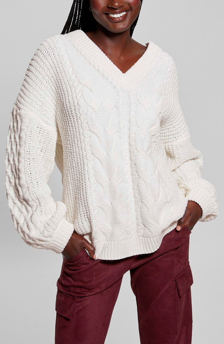 GUESS Aki Cable Knit Cardigan, Main, color, 