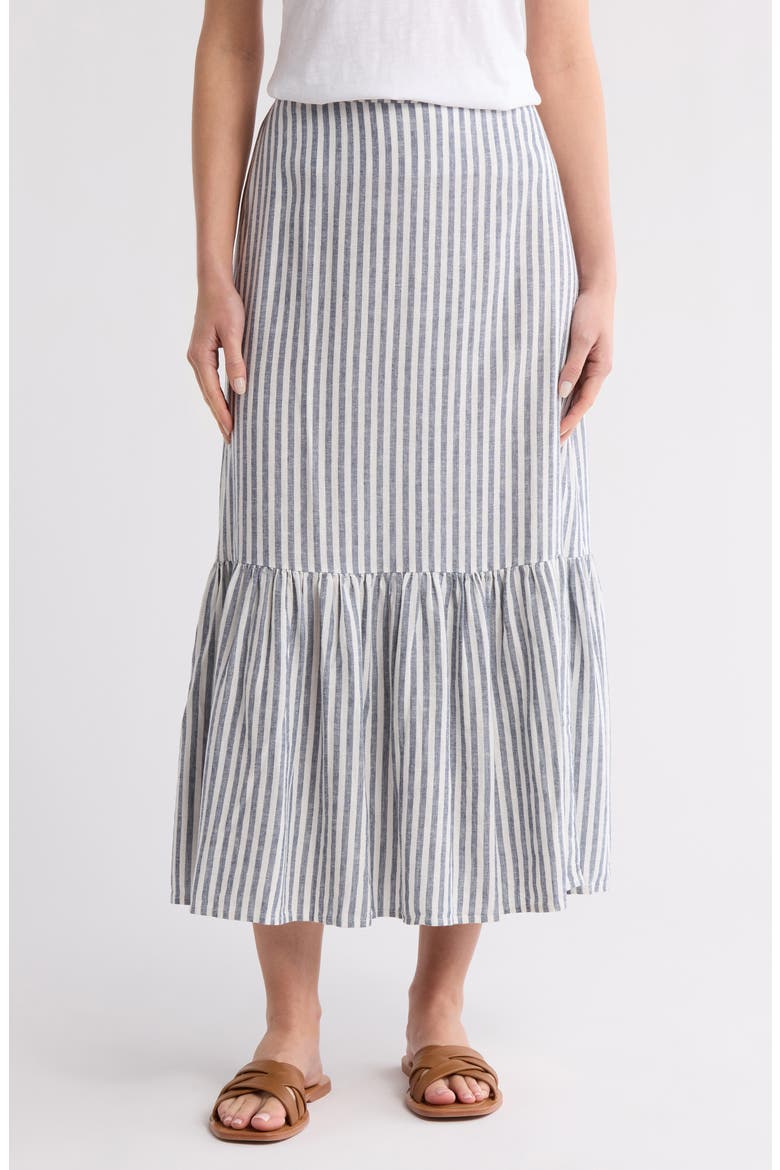 Stripe Tiered Linen Blend Midi Skirt, Main, color, BLUE INSIGNIA- IVORY BRIANNE S