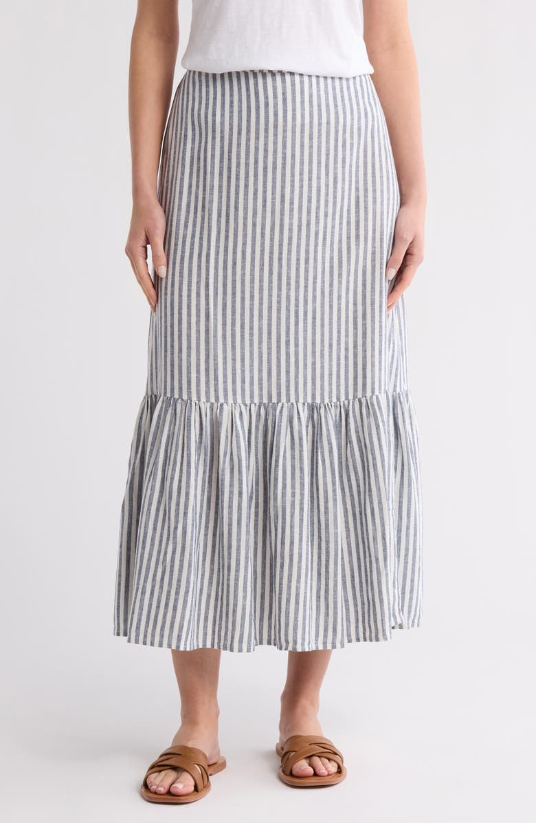 Caslon<sup>®</sup> Stripe Tiered Linen Blend Midi Skirt, Main, color, Blue Insignia- Ivory Brianne S