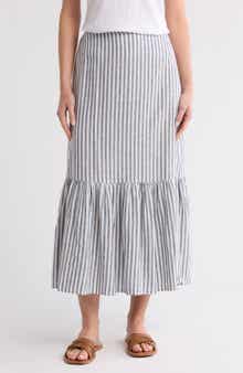 Caslon® Stripe Tiered Linen Blend Midi Skirt