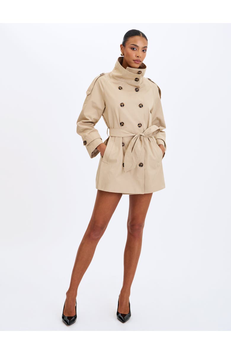 Miss Circle Vanetta High Collar Double-Breasted Trench Mini Coat, Alternate, color, Tan