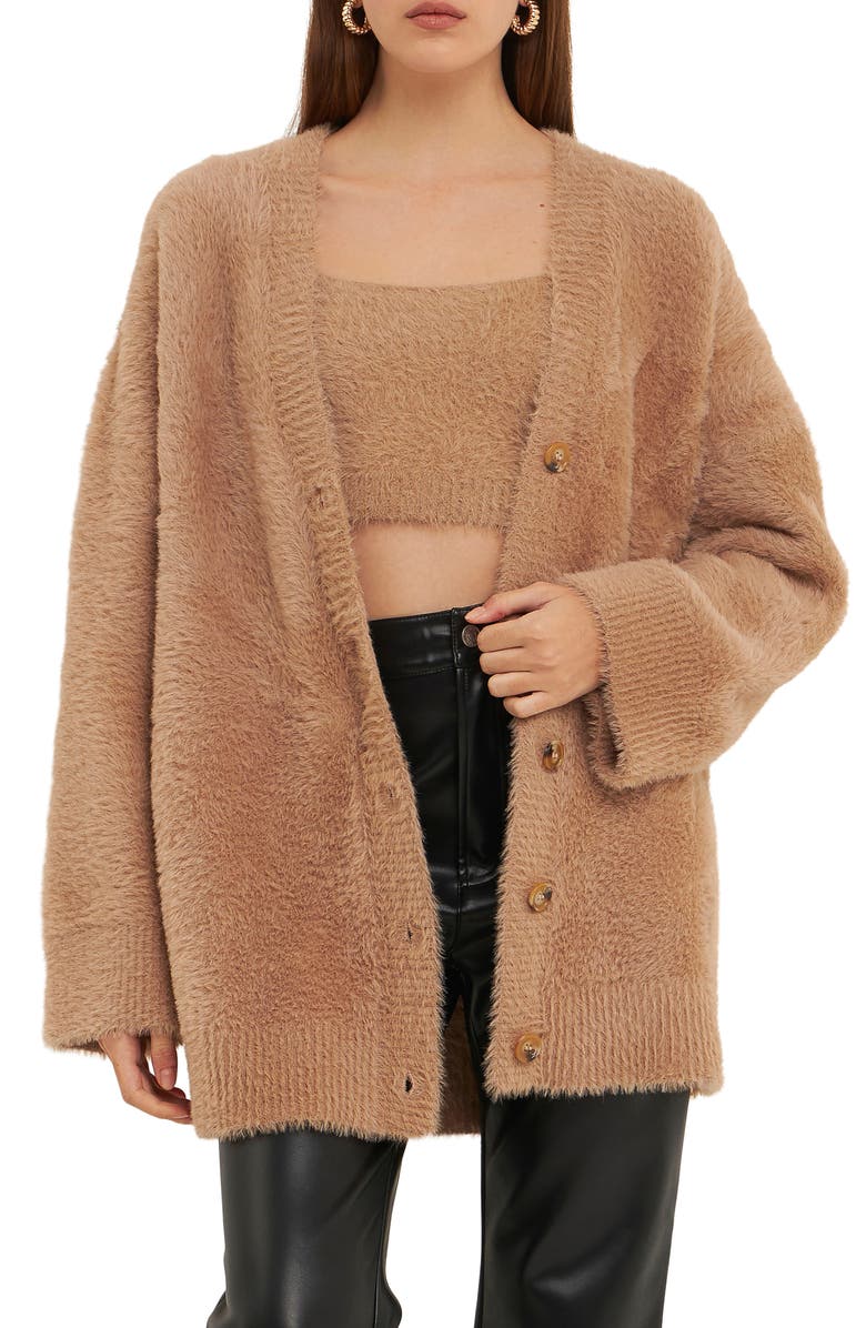 Grey Lab Feather Plush Cardigan, Main, color, 