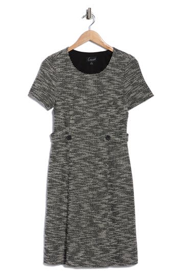 Connected Apparel Short Sleeve Bouclé A-line Dress In Black