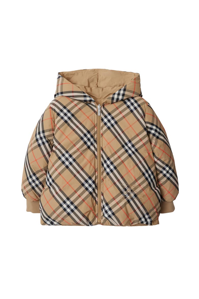 Girls' Reversible Check Nylon Puffer Jacket, Main, color, Sand beige