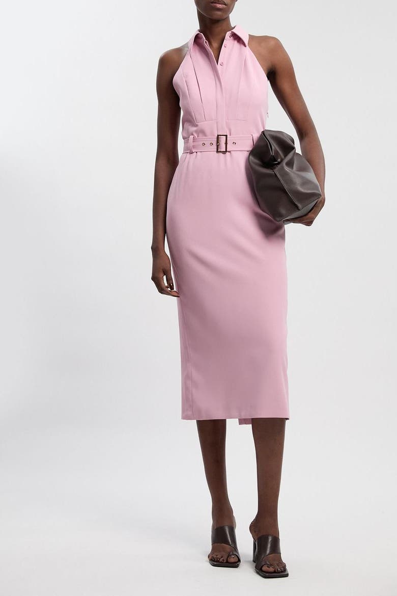 Collard Halter Neck Belted Midi Dress, Alternate, color, Pink
