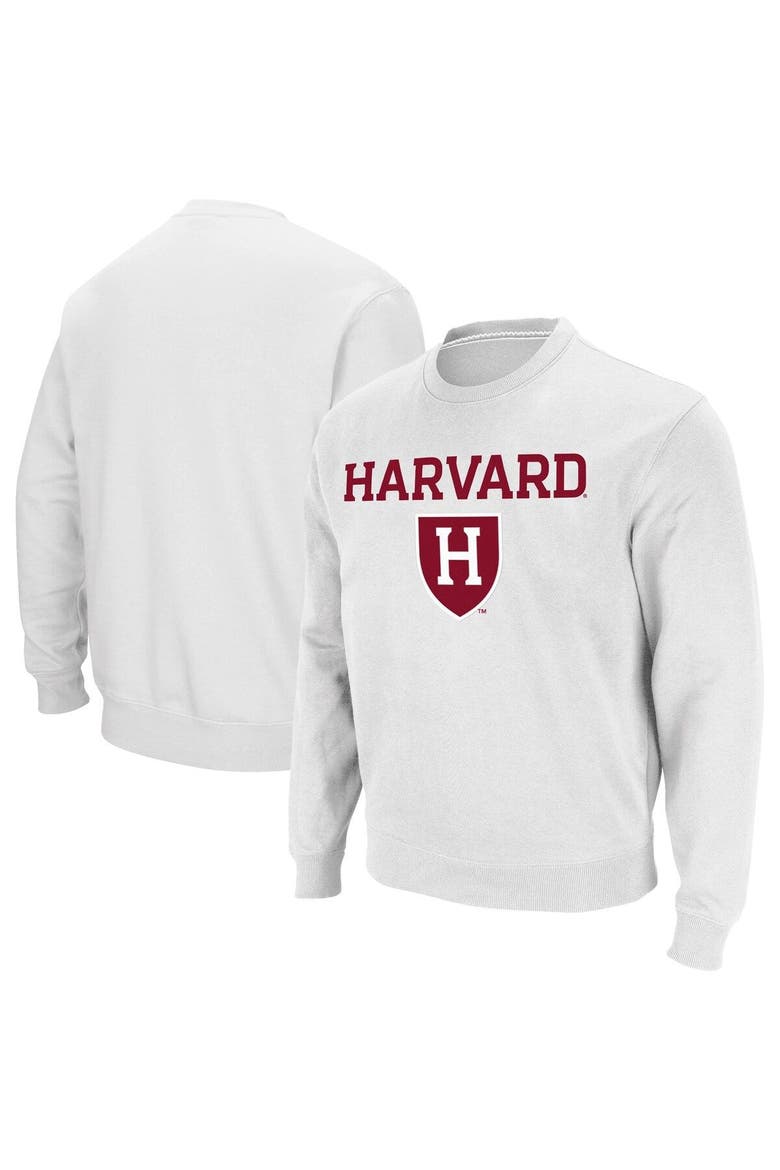 Men's Colosseum White Harvard Crimson Team Arch & Logo Tackle Twill Pullover Sweatshirt, Alternate, color, White