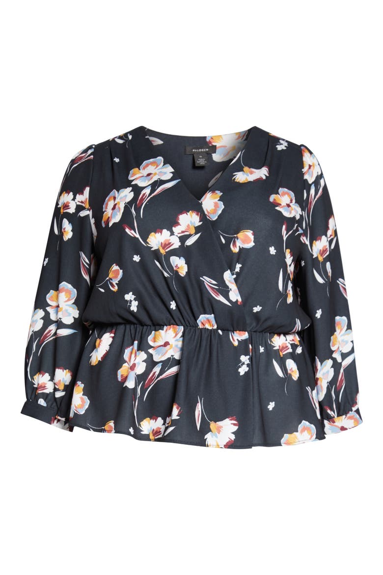 Wrap Front Peplum Top, Alternate, color, BLACK FLORAL