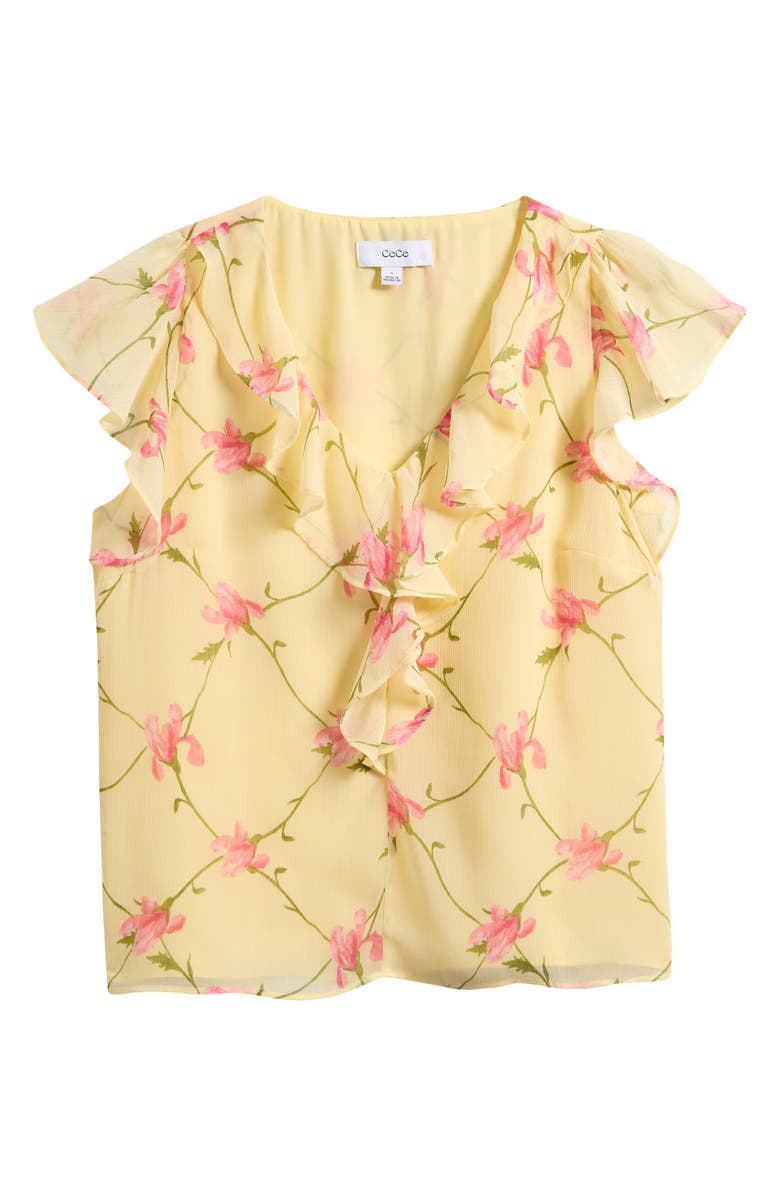CeCe Floral Ruffle Trim Top, Alternate, color, Lemon Drop