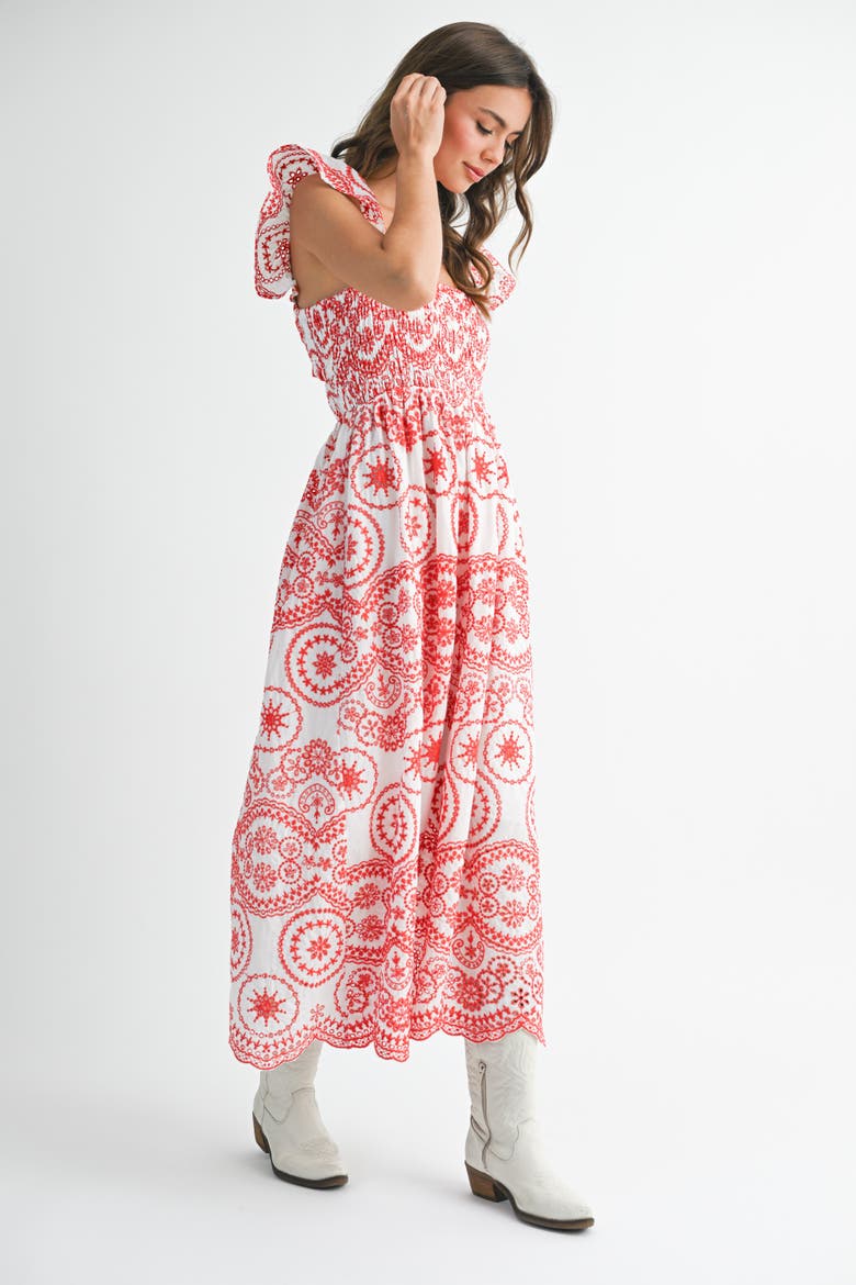 Embroidered Smocked Cutout Midi Dress, Alternate, color, Red